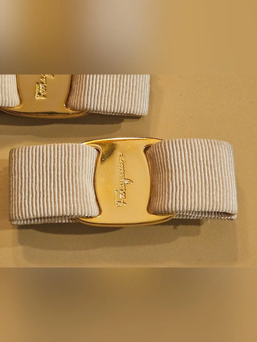Salvatore Ferragamo Vara Bow Hair Clip Barrette Ivory Gold Authentic UPCYCLED